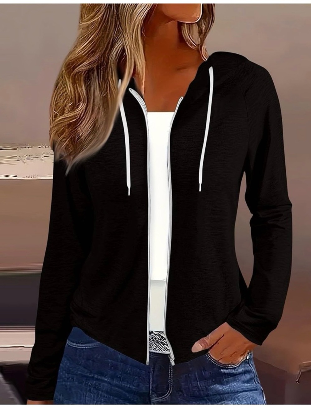 Women's Black Zip Hoodie with White Drawstrings